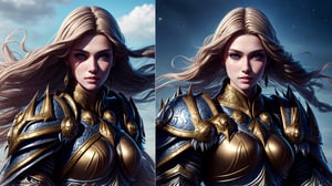 2 girl
random hair 
standing side by side
golden armor
wearing armor  ,Young beauty spirit ,wowdk,photorealistic
don't use same for girls ,modelshoot style