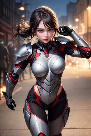 masterpiece, Best Quality, photorealistic, ultra-detailed, finely detailed, high resolution,  perfect body, 1girl, solo, beautiful sexy super model, 22 years old,  beautiful detailed face and eyes, sharp-focus, cinematic, realism, robot warrior and armor, full body, soft light, battlefield background, collect hands and fingers, action pose, facing_viewer, red and white color armor , hair_past_waist