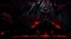 (Anime-style:1.3), (Dark and intense:1.2), A striking anime character, shrouded in shadows and poised for battle, stands against a deep crimson background adorned with menacing chains. Glowing red hollow fire particles dance around the scene, creating an otherworldly ambiance. The unique pastel look adds an ethereal touch to this dramatic and visually intense composition.