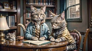 Envision an adorable and playful scene: A cat sits in front of a bookshelf, adorned with glasses and a vintage jacket, resembling an intellectual little princess,cat,hmnzct