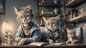 Envision an adorable and playful scene: A cat sits in front of a bookshelf, adorned with glasses and a vintage jacket, resembling an intellectual little princess,cat,hmnzct