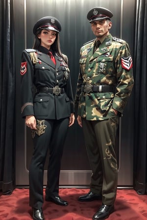 High detailed , 1 male and 1 female standing side by side , camouflage uniform , muscled , futuristic ,fantasy00d,vamptech