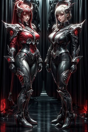 High detailed , 2 female standing side by side , uniform , muscled , futuristic ,fantasy00d,vamptech , red moon , city 