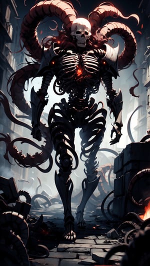 Skeleton Warrior 
wearing black Full Body Armor 
Immiting Red smoke from body 
Full body shot 
Standing 
,rage,dreadtech 