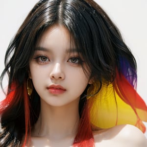 A close-up shot of a solo female figure, her upper body facing directly towards the camera. She sits in front of a crisp white background, her gaze locked onto the viewer with an enigmatic intensity. Her long, lush curly hair cascades down her back like a rainbow-colored waterfall, perfectly framing her face. Multicolored hues dance across her locks as she wears bold makeup, featuring parted lips painted black and lined with dramatic eyeliner.