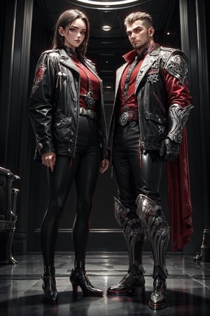 High detailed , 1 male and 1 female standing side by side , uniform , muscled , futuristic ,fantasy00d,vamptech , red moon , city 