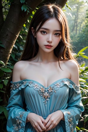 (highres,best quality),detailed woman,detailed face,detailed eyes,looking at viewer,Dark blue off shoulder dress,vibrant colors,landscape background,forest elements,waterfall,ethereal atmosphere,soft sunlight,serene expression,flowing hair,fantasy setting,magical ambiance,glowing flowers,delicate features,enchanted forest,rays of light,pastel hues,mystical creatures,majestic trees,sparkling water,dappled shadows,ethereal beauty,fierce yet elegant,graceful posture,strong connection with nature,mysterious eyes,wisdom and enchantment,unforgettable visual journey,masterpiece artwork