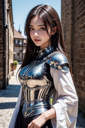 Woman with colored hair and detailed armor in medieval paladin dress, Beautiful detailed eyes, Beautiful detailed lips, Highly detailed eyes and face, Long eyelashes, Accurate Fingers, Are standing, smile, Medieval town with castle in the background, (masterpiece:1.2, Highest quality, 4K, 8K, Ultra-high resolution, Super detailed), (Detailed digital illustration, Anime Style),