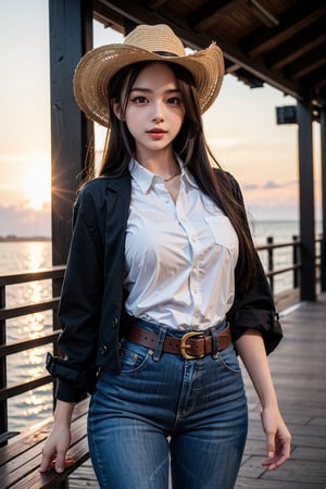 A stunning Japanese idol, Kiyomi, walks along the seaside promenade at sunset, bathed in warm golden light. Her shiny skin glistens with a subtle sheen, her smooth hair blowing gently in the breeze. Her brown eyes sparkle like precious gems, and her red lips curve into a gentle smile, as if blessing the viewer. She wears a red checked flare one-piece shirt and black jeans, cinched at the waist by a gun belt. A cowboy hat adorned with a feather sits atop her raven-black locks, adding to her enigmatic allure. In the distance, a vibrant rainbow stretches across the horizon, a breathtaking backdrop for this ultra-detailed masterpiece.