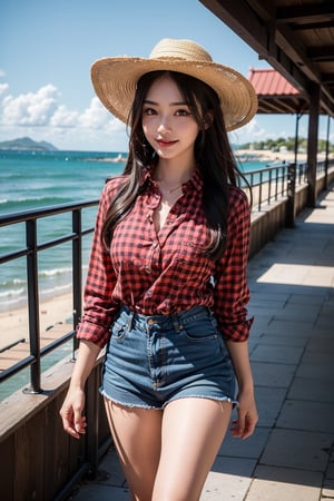 A stunning Japanese idol walks along the seaside promenade, basking in the warm glow of soft lighting. Her shiny skin glistens with a golden sheen, topped off with a perfectly coiffed Black hairdo. Brown eyes sparkle like polished gemstones, and luscious red lips curve into a gentle goddess-like smile. She wears a striking Red checked flare one-piece shirt and black jeans, accentuating her well-defined curves. The Cowboy hat adorned with a feather adds a touch of rugged charm to her demure demeanor. As she strides confidently along the promenade, the rainbow on the horizon serves as a breathtaking backdrop. Framed by the majestic oceanfront scenery, this beautiful girl exudes confidence and allure.