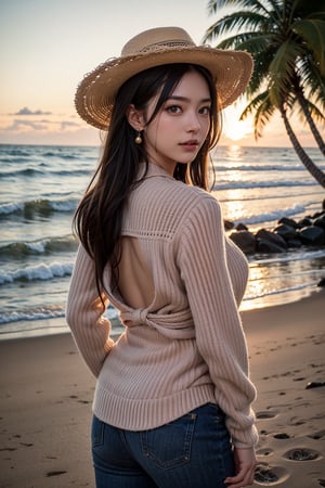 Here is a high-quality, realistic prompt for an SD art piece:

Capture a breathtaking scene of a beautiful Japanese Idol standing by the seaside promenade in Waikiki Beach at sunset. The golden sea surface glows softly beneath her, illuminated by the setting sun's warm rays. She wears a stunning red checked flared blouse and black jeans, accessorized with a cowboy hat adorned with a feather, earrings, and necklace. Her medium-length black hair cascades down her back, framing her ultra-high resolution brown eyes and well-shaped mature body. A gentle smile spreads across her lips, as if she's savoring the moment. Lean forward slightly, gazing out at the breathtaking view, with a close-up POV from below to emphasize her exquisite features. Render in top-quality realistic style, with photorealism, physically-based rendering, and ultra-detailed textures.