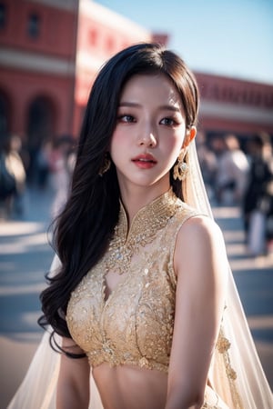 Jisoo , solo, wearing lehenga ,beautiful and detailed dress, dazzling sunlight, delicate facial features