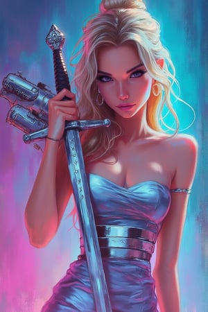 hntdlnwrk style, aesthetic, mad-vprwv cyberpunk,

A digital art painting of a woman with long, wavy blonde hair and dark eyes. She is wearing a silver strapless dress with a silver belt around her waist. The woman is holding a silver sword in her right hand and a silver dragon in her left hand. Her left hand is covered in a silver ring on her left wrist. Her right hand is wrapped around her right arm. Her hair is pulled back in a ponytail. The background is a mix of blue, purple, and pink colors. There are three fire engines on the left side of the woman's head.

neon, vaporwave.

art, colored pencil, sketch, painting, paper texture,art_solyanka,SKP-highly detailed,SamYoung_Illustration,fluxtration