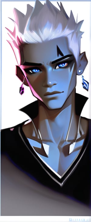 solo, blue eyes, 1boy, jewelry, white hair, male focus, earrings, parted lips,  signature, dark skin, glowing, dark-skinned male, portrait, glowing eyes, hoop earrings, white eyes, no pupils, very dark skin

The image is a digital artwork of a stylized male character with punk-inspired features. The blue lightning-like patterns suggest energy or power. There's no background story provided within the image itself,

K-Eyes