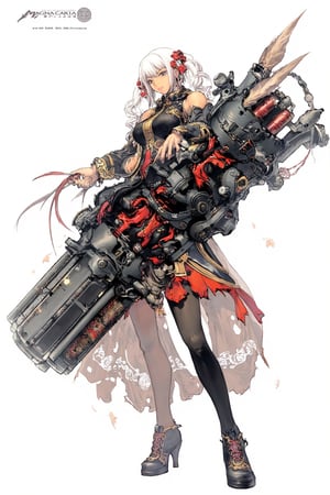 1girl,Anime-style illustration of a fierce young woman, wielding an enormous gatling gun, Character: dual-colored hair, (white and gold twintails), red flower accessories,Outfit: black and red dress with goth-inspired details, thigh-high boots. Expression: determined, slightly cocky smile,Pose: dynamic, holding massive weapon, body turned slightly,
Gatling gun: oversized, futuristic design. Black metal body with red accents and glowing parts. Multiple rotating barrels, complex mechanical details. Gun larger than the character herself,
Color scheme: primarily black and red with white accents,Style: highly detailed anime art, clean lines, emphasis on mechanical designs. Background: plain white, focus entirely on character and weapon.
Additional details: red ribbon-like elements flowing from dress and gun, intricate patterns on clothing and weapon, slight metallic sheen on gun parts. Overall impression: powerful, stylish fusion of traditional Asian aesthetics with futuristic weaponry.,Anime Style,fantasy girl,\mechako\, plasma gun