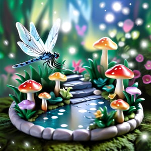 Create an enchanting scene of a whimsical fairy garden, where delicate plants and tiny mushrooms are adorned with sparkling dewdrops under a soft morning light. The composition features glittering dragonflies hovering playfully, their wings shimmering with iridescent colors. The setting is a lush, miniature landscape with a magical, dreamlike atmosphere, inviting viewers to explore the hidden wonders of this miniature realm.