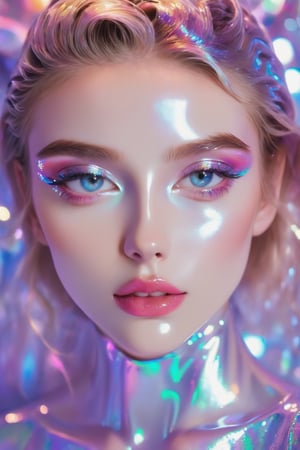 portrait, A young model, a stunning girl with big bright eyes, dressed in mother-of-pearl clothes that shimmer like a translucent neon sign, causing a feeling of freshness, renewal and brightness - the style of neon photography, wet makeup on her face, iridescent glitters on her eyelids and lips, K-Eyes