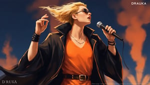 In the vibrant world of At the Gates, Viktorija Moody's Game art, Amber and Resplendent Dynamic captures a moment,

((1guy)), ((male accent)), solo, open mouth, blonde hair, hair ornament, 1boy, jewelry, male focus, belt, necklace, cape, bracelet, sunglasses, microphone, music, singing, orange shirt, microphone stand, vibrating pose. An animated image of a man with a microphone in his hands. The man is wearing a black raincoat with a black belt around his waist. He has long blond hair that flutters in the wind. He has black bracelets on his left wrist. His left hand is raised up. He holds a microphone in his right hand. The microphone is black. The background is dark blue, orange smoke rises from behind him. The background is blurred, which creates a sharp contrast with the character's outfit.

with a text in the upper right corner that reads "DRAUKA".

volumetric lighting, brutalism. Framed at 270mm with a shallow depth of field. 

art, colored pencil, sketch, painting, paper texture,art_solyanka,SKP-highly detailed,SamYoung_Illustration,fluxtration,ohwx style,Curi,1xcurx1,2xcurx2,1xcurx1,2xcurx2,1xcurx1,Xpoolx,Xshortx,Xmilitaryx,Xbeachx,Xmilitaryx,XCheckeredx 