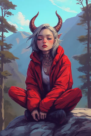 hntdlnwrk style, aesthetic, mad-vprwv cyberpunk,

a cartoon character, dressed in a red jacket, adorned with a white button-down shirt and red striped pants. The character's head is adorned with two horns, one on each side of her head . She is sitting on a rock, her legs crossed, and her hands resting on her knees. The background is blurred, revealing a mountain range, dotted with trees and foliage. The sky is a muted blue, with a few wispy clouds, adding a pop of color to the scene.

neon, vaporwave.

art, colored pencil, sketch, painting, paper texture,art_solyanka,SKP-highly detailed,SamYoung_Illustration,fluxtration