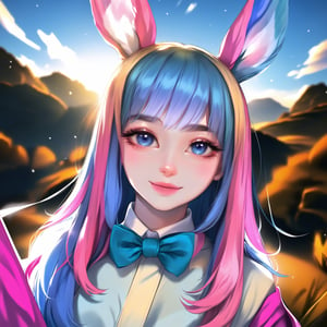 Visualize a solo girl outdoors with long, multicolored hair blending blue and pink, styled in two-tone with bangs. She has animal ears, specifically rabbit ears, and a playful bowtie resembling a playboy bunny. Her attire includes short sleeves with puffy, decorative cuffs, and she displays a modest cleavage. The girl smiles at the viewer with closed lips, her blue eyes sparkling. Her arms are raised, and she wears wrist cuffs, all set against a backdrop of natural beauty.