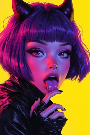 hntdlnwrk style, aesthetic, mad-vprwv cyberpunk,

A digital art painting of a woman, core_9,score_8_up,score_7_up,score_6_up, 1girl, solo, tongue, purple eyes, tongue out, bangs, looking at viewer, makeup, black nails, short hair, purple hair, fang, portrait, nail polish, bob cut, eyeliner, close-up, oni horns, yellow background, eyeshadow, eyelashes, short eyebrows, fingernails, blunt bangs, open mouth, finger to mouth, thick eyebrows.

neon, vaporwave.

art, colored pencil, sketch, painting, paper texture,art_solyanka,SKP-highly detailed,SamYoung_Illustration,fluxtration