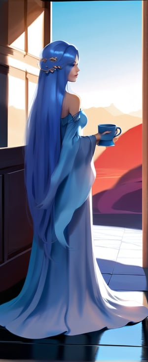 Capture a mesmerizing image of a solo girl with very long blue hair and striking blue eyes, adorned with long eyelashes. She wears a blue dress with wide and detached sleeves, showcasing her large breasts and cleavage, with bare shoulders. She holds a cup, standing gracefully with a closed-mouth smile. The dress features wings and wide sleeves, adding to her ethereal charm. The scene is bathed in golden hour sunlight with warm sunset lighting, creating soft and dynamic shadows. The image is framed in a dynamic view with a splitter effect, styled to be cute, hot, and shiny. Rendered in Octane Render with HDR, anisotropic filtering, and depth-of-field for utmost clarity and sharpness, resembling an analog 8mm film with chromatic aberration. This highly detailed UHD wallpaper is perfect for a stylish and captivating display.