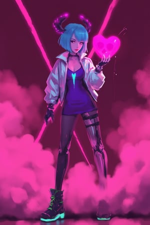 hntdlnwrk style, aesthetic, 

1girl, solo, breasts, looking at viewer, short hair, gloves, dress, blue hair, standing, jacket, full body, heart, pantyhose, parted lips, horns, fingerless gloves, pink eyes, cropped jacket, The cartoon character stands against an abstract maroon background in clouds of pink smoke. She's wearing a silver jacket and a purple top. She has bionic cybernetic legs that glow with pink neon. There is a turquoise neon stripe running down the center of the chest, and a pair of black and green boots with neon soles on the feet. Her hair is a bright shade of blue, and her eyes are a piercing pink. In her right hand she holds a skull with a pink heart above it, and her left hand is raised up. On her head she has cybernetic horns with pink neon lights.
 cyberpunk. Minimalism. 

art, colored pencil, sketch, painting, paper texture,art_solyanka,SKP-highly detailed,SamYoung_Illustration,fluxtration,ohwx style,chinese ink drawing