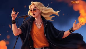 In the vibrant world of At the Gates, Viktorija Moody's Game art, Amber and Resplendent Dynamic captures a moment,

((1guy)), ((male accent)), solo, open mouth, blonde hair, hair ornament, 1boy, jewelry, male focus, belt, necklace, cape, bracelet, sunglasses, microphone, music, singing, orange shirt, microphone stand, vibrating pose. An animated image of a man with a microphone in his hands. The man is wearing a black raincoat with a black belt around his waist. He has long blond hair that flutters in the wind. He has black bracelets on his left wrist. His left hand is raised up. He holds a microphone in his right hand. The microphone is black. The background is dark blue, orange smoke rises from behind him. The background is blurred, which creates a sharp contrast with the character's outfit.

with a text in the upper right corner that reads "DRAUKA".

volumetric lighting, brutalism. Framed at 270mm with a shallow depth of field. 

art, colored pencil, sketch, painting, paper texture,art_solyanka,SKP-highly detailed,SamYoung_Illustration,fluxtration,ohwx style,Curi,1xcurx1,2xcurx2,1xcurx1,2xcurx2,1xcurx1,Xpoolx,Xshortx,Xmilitaryx,Xbeachx,Xmilitaryx,XCheckeredx 