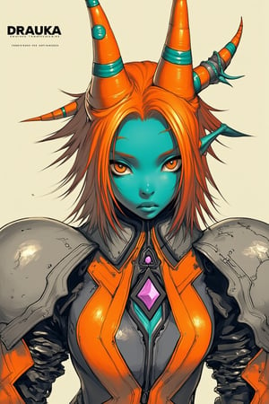 Tiefling, intense eyes, three pointed orange horns with teal horizontal line, orange and teal tendril hair, teal skin, and orange and gray mecha-like armor with teal and a purple chest gem,

The word "DRAUKA" is written in a bold font at the top left of the image
ct-pop2,cyberpunk