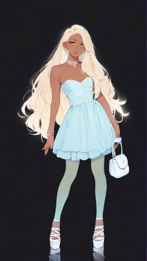 STICKER ON A WHITE BACKGROUND. green holographic silhouette, knee socks.
1girl, solo, long hair, smile, blonde hair, simple background, dress, holding, jewelry, very long hair, full body, pantyhose, earrings, dark skin, bag, high heels, bracelet, dark-skinned female, strapless, black background, handbag, holding bag.
photo shoot, photo_realism.
dynamic view, shadows and dynamic lighting, soft lighting, dynamic view, splitter effect, waifu. Stylish. Cute, hot, shiny. Highly detailed uhd wallpaper, cel digital animation

,neon photography style,K-Eyes,score_9,score_8_up,score_7_up,