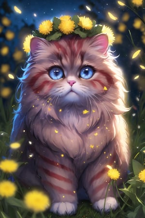 Realistic Persian cat, red striped, blue eyes with golden sparks, a wreath of dandelions on his head, in the background a night garden of dandelions with glowing little fireflies, divine lighting, cute, 4k, unreal engine 5, K-Eyes