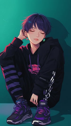 STICKER ON A WHITE BACKGROUND. green holographic silhouette, knee socks.
(1boy, guy, man), solo, A stunningly detailed anime character portrait of a cool guy with short, dark purple hair and mismatched earrings. He is posed dynamically, sitting against a vibrant pink and teal background adorned with Japanese text. The character's trendy streetwear includes a colorful hoodie, black and white striped pants, and sneakers with Japanese lettering. His emotive expression, closed eyes, and unique eye markings add depth to his character. A whimsical plush shark, in a teal and white pattern, rests on his shoulder. The photoshoot is bathed in warm sunset lighting, featuring shadows and dynamic lighting, with a soft touch of neon photography style. The overall ambiance is a perfect blend of stylish, cute, and shiny, making it an ideal high-resolution image for a digital or print medium.
photo shoot, photo_realism.
(dynamic view, photoshoot, golden hour, warm sunset lighting, shadows and dynamic lighting, soft lighting), dynamic view, splitter effect, waifu. Stylish. Cute, hot, shiny. Highly detailed uhd wallpaper, cel digital animation

,neon photography style, K-Eyes, score_9, score_8_up, score_7_up, score_6_up, score_5_up, score_4_up, just describe what you want, tag1, tag2,perfect eyes,detailed skin,skin blemish