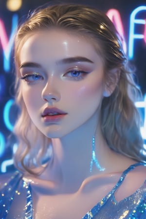 portrait, A young model, an amazing girl, dressed in a blue dress that shimmers like a translucent neon sign, causing a feeling of freshness, renewal and brightness - the style of neon photography, wet makeup on her face, iridescent glitters on her eyelids and lips, K-Eyes