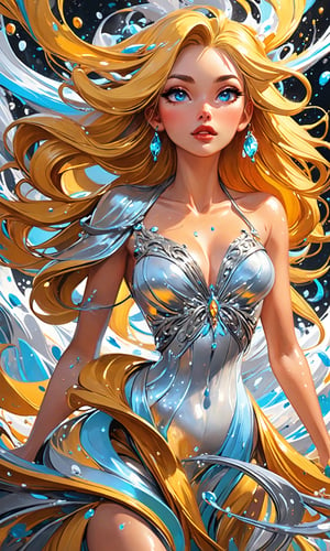 (full body), splash art, a close up liquid luminous lady made of colors, golden, white pastel blue silver, filigree, filigree detailed, color drops, coloe waves, splash style of colorful paint, hyperdetailed intricately detailed, unreal engine, fantastical, intricate detail, splash screen, complementary colors, fantasy, concept art, 8k resolution, deviantart masterpiece, oil painting, heavy strokes, paint dripping, splash arts, fantasy art, by Yanjun Cheng, guweiz, by atey ghailan, Greg Rutkowski, greg tocchini, Sakimichan, Bowater, artgerm, wlop. concept art, centered composition perfect composition, fantasy creature, beautiful view, motion blur, brushstrokes, concept art, centered, intricated pose, intricated, K-Eyes