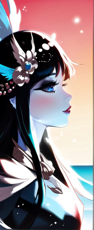 Create a highly detailed UHD wallpaper featuring a solo girl with long black hair, blue eyes, and medium breasts. She has long eyelashes, blush, and bangs, adorned with hair ornaments and jewelry. She wears armor with wings, gem, and a headpiece, looking at the viewer with parted red lips and freckles. The scene is captured in a dynamic view with a splitter effect, styled in a retro artstyle with halftone effect. The lighting is cinematic, using two-tone lighting and warm sunset lighting during golden hour, with soft lighting, shadows, and dynamic lighting. The image is rendered in Octane Render with HDR, anisotropic filtering, depth-of-field, and maximum clarity and sharpness, resembling an analog 8mm film with chromatic aberration and DVD screengrab.