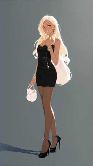 STICKER ON A WHITE BACKGROUND. green holographic silhouette, knee socks.
1girl, solo, long hair, smile, blonde hair, simple background, dress, holding, jewelry, very long hair, full body, pantyhose, earrings, dark skin, bag, high heels, bracelet, dark-skinned female, strapless, black background, handbag, holding bag.
photo shoot, photo_realism.
dynamic view, shadows and dynamic lighting, soft lighting, dynamic view, splitter effect, waifu. Stylish. Cute, hot, shiny. Highly detailed uhd wallpaper, cel digital animation

,neon photography style, K-Eyes, score_9, score_8_up, score_7_up, score_6_up, score_5_up, score_4_up, just describe what you want, tag1, tag2