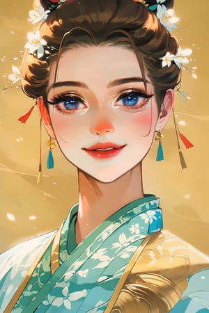 A beautiful flirtatiously smiling woman, a very busty ronin wearing gold lace kimono, Meiji restoration, blue eyes, yojimbo, cleavage, bare shoulders, masterpiece, best quality, extremely delicate and beautiful, highres, original, intricate hairstyle, a view from the side and above, large anime eyes, realistic eyes, highly detailed eyes, natural skin, natural skin texture, subsurface scattering, muted colors, skin pores, perfect face, perfect eyes, perfect full lips, supple female form, vivid, cinematic, Film light,painted world, K-Eyes, colorful splashes