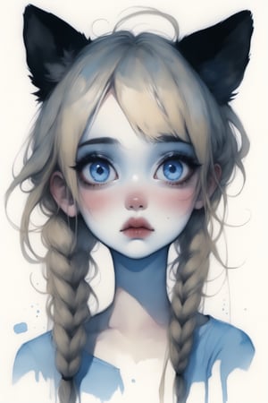 (in the style of Conrad Roset, Nicola Samori), ultra realistic, (arbitrarily beautiful:1.4), full body, sexy female, (blonde, long braids, cat ears), (blue eyes:1.2), more detail XL,K-Eyes,dramaticwatercolor