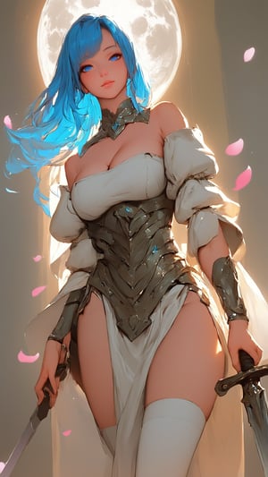 STICKER ON A WHITE BACKGROUND. green holographic silhouette, knee socks.
1girl, solo, long hair, breasts, looking at viewer, bangs, blue eyes, large breasts, thighhighs, long sleeves, holding, cleavage, bare shoulders, jewelry, medium breasts, closed mouth, blue hair, standing, weapon, cowboy shot, detached sleeves, sword, wide sleeves, holding weapon, armor, bracelet, lips, petals, strapless, moon, motion blur, nose.
photo shoot, photo_realism.
(dynamic view, photoshoot, golden hour, warm sunset lighting, shadows and dynamic lighting, soft lighting), dynamic view, splitter effect, waifu. Stylish. Cute, hot, shiny. Highly detailed uhd wallpaper, cel digital animation

,neon photography style, K-Eyes, score_9, score_8_up, score_7_up, score_6_up, score_5_up, score_4_up, just describe what you want, tag1, tag2,perfect eyes,detailed skin,skin blemish