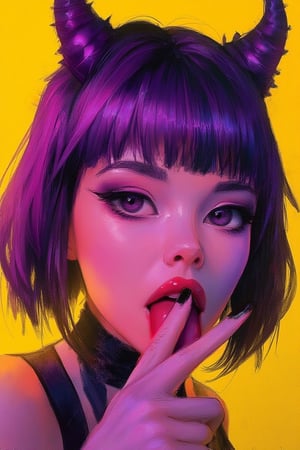 hntdlnwrk style, aesthetic, mad-vprwv cyberpunk,

A digital art painting of a woman, core_9,score_8_up,score_7_up,score_6_up, 1girl, solo, tongue, purple eyes, tongue out, bangs, looking at viewer, makeup, black nails, short hair, purple hair, fang, portrait, nail polish, bob cut, eyeliner, close-up, oni horns, yellow background, eyeshadow, eyelashes, short eyebrows, fingernails, blunt bangs, open mouth, finger to mouth, thick eyebrows.

neon, vaporwave.

art, colored pencil, sketch, painting, paper texture,art_solyanka,SKP-highly detailed,SamYoung_Illustration,fluxtration