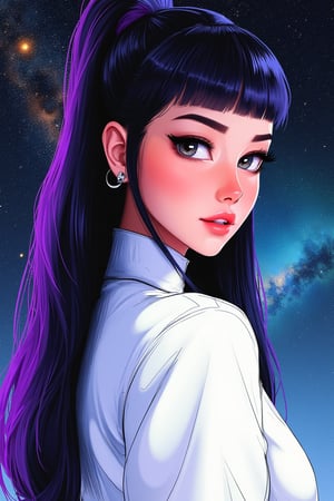 aesthetic,

score_9, score_8_up, score_7_up, (masterpiece, perfectly detailed, beautiful face, detailed eyes, vibrant colors), ultra HD, 8K, 1girl, white cropped jacket, long hair,solo,black hair, purple bang,detailed and fine eyebrows, strong lines, cleann draw, open eyes, full body, [(full-length figure:1,5)], dinamic face, BREAK star galaxy on the background, starry background, black and blue gradient background, green, lightweight design, intricate details, simple background,

add text "Drauka",

legendofnerd style, BREAK simple background, diagonal abstract structure on background, 

colored pencil, sketch, painting, paper texture,art_solyanka,SKP-highly detailed,SamYoung_Illustration