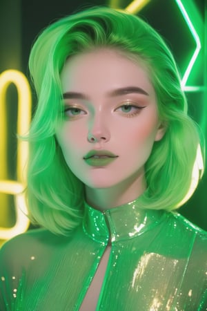 A young model, stunning girl wears a shade of green that shimmers like a translucent neon sign, evoking feelings of growth, renewal, and vibrancy,neon photography style, K-Eyes