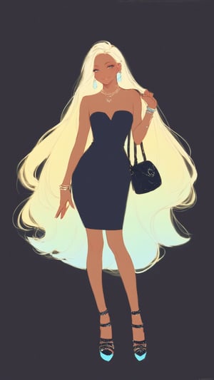 STICKER ON A WHITE BACKGROUND. green holographic silhouette, knee socks.
1girl, solo, long hair, smile, blonde hair, simple background, dress, holding, jewelry, very long hair, full body, pantyhose, earrings, dark skin, bag, high heels, bracelet, dark-skinned female, strapless, black background, handbag, holding bag.
photo shoot, photo_realism.
dynamic view, shadows and dynamic lighting, soft lighting, dynamic view, splitter effect, waifu. Stylish. Cute, hot, shiny. Highly detailed uhd wallpaper, cel digital animation

,neon photography style,K-Eyes,score_9,score_8_up,score_7_up,