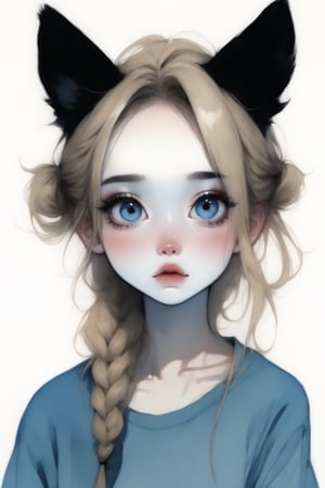 (in the style of Conrad Roset, Nicola Samori), ultra realistic, (arbitrarily beautiful:1.4), full body, sexy female, (blonde, long braids, cat ears), (blue eyes:1.2), more detail XL,K-Eyes,dramaticwatercolor