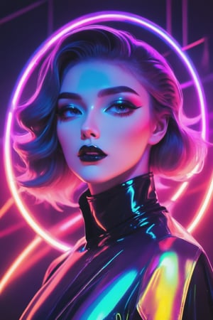 The model girl stands as a beacon of Synthwave, her form a harmonious blend of holographic layers and gothic contours, outlined in vibrant neon.,neon photography style, Gothic background and lights dimmed,K-Eyes