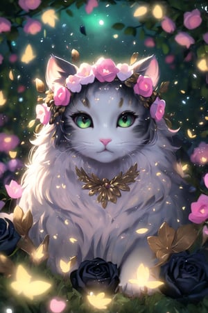 Realistic cat in a flower wreath of black roses with golden leaves, mother-of-pearl wool with pink iridescences, golden sparks in emerald eyes, in the background there is a night garden with glowing little fireflies, divine lighting, cute, 4k, unreal engine 5, K-Eyes