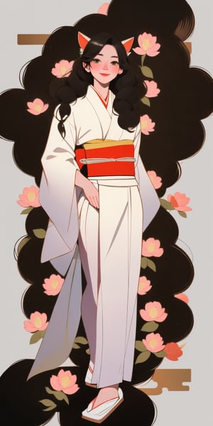 (full body portrait of a Japanese girl in the style of Conrad Roset, Nicola Samori), (extra long shiny black curly hair, cat ears), (pure white kimono:1.6), light smile, more detail XL,K-Eyes