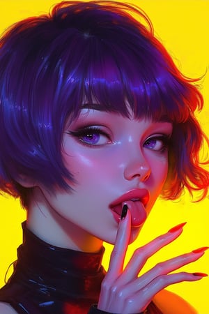 hntdlnwrk style, aesthetic, mad-vprwv cyberpunk,

A digital art painting of a woman, core_9,score_8_up,score_7_up,score_6_up, 1girl, solo, tongue, purple eyes, tongue out, bangs, looking at viewer, makeup, black nails, short hair, purple hair, fang, portrait, nail polish, bob cut, eyeliner, close-up, oni horns, yellow background, eyeshadow, eyelashes, short eyebrows, fingernails, blunt bangs, open mouth, finger to mouth, thick eyebrows.

neon, vaporwave.

art, colored pencil, sketch, painting, paper texture,art_solyanka,SKP-highly detailed,SamYoung_Illustration,fluxtration