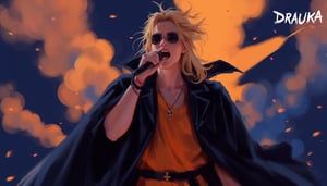 In the vibrant world of At the Gates, Viktorija Moody's Game art, Amber and Resplendent Dynamic captures a moment,

((1guy)), ((male accent)), solo, open mouth, blonde hair, hair ornament, 1boy, jewelry, male focus, belt, necklace, cape, bracelet, sunglasses, microphone, music, singing, orange shirt, microphone stand, vibrating pose. An animated image of a man with a microphone in his hands. The man is wearing a black raincoat with a black belt around his waist. He has long blond hair that flutters in the wind. He has black bracelets on his left wrist. His left hand is raised up. He holds a microphone in his right hand. The microphone is black. The background is dark blue, orange smoke rises from behind him. The background is blurred, which creates a sharp contrast with the character's outfit.

with a text in the upper right corner that reads "DRAUKA".

volumetric lighting, brutalism. Framed at 270mm with a shallow depth of field. 

art, colored pencil, sketch, painting, paper texture,art_solyanka,SKP-highly detailed,SamYoung_Illustration,fluxtration,ohwx style,Curi,1xcurx1,2xcurx2,1xcurx1,2xcurx2,1xcurx1,Xpoolx,Xshortx,Xmilitaryx,Xbeachx,Xmilitaryx,XCheckeredx 