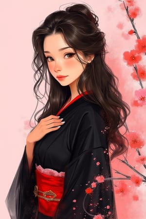 hntdlnwrk style, aesthetic, 

An animated portrait of an Asian woman in a kimono. The woman's hair is long and wavy, and she is wearing a black robe with a red belt around her waist. The background is a light pink, and there are cherry blossoms on the right side of the image.

art, colored pencil, sketch, painting, paper texture,art_solyanka,SKP-highly detailed,SamYoung_Illustration,fluxtration